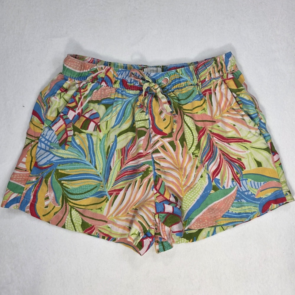 C&C California Linen Shorts Womens M Multicolor Tropical Palm Leaf Drawstring